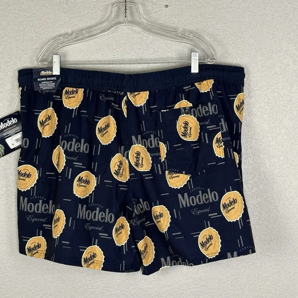 NWT Modelo Men's Board Shorts Swim Trunks Cerveza Beer Navy Blue Gold Size 2XL